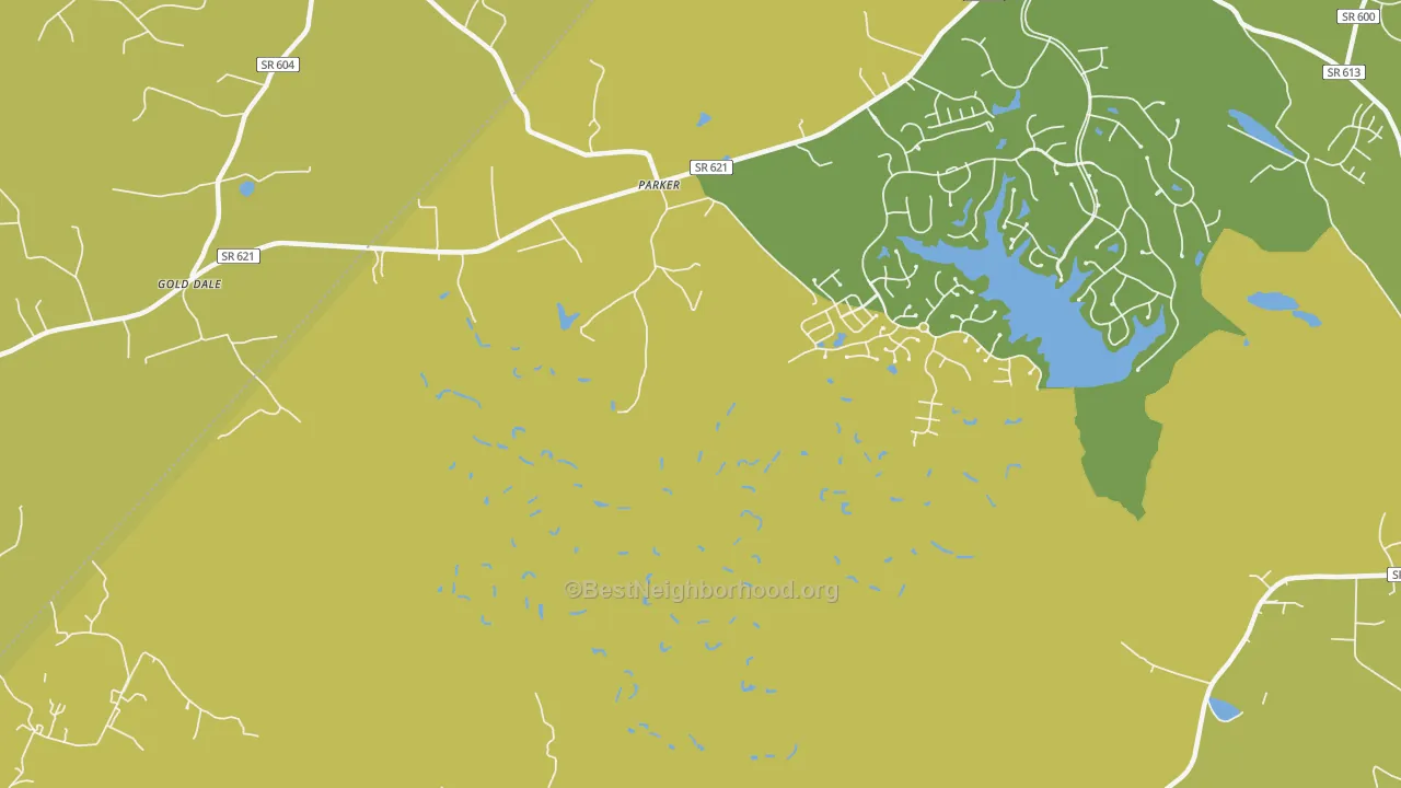 Map of the best neighborhoods in the Parker area, with better matches in green and worse matches in red