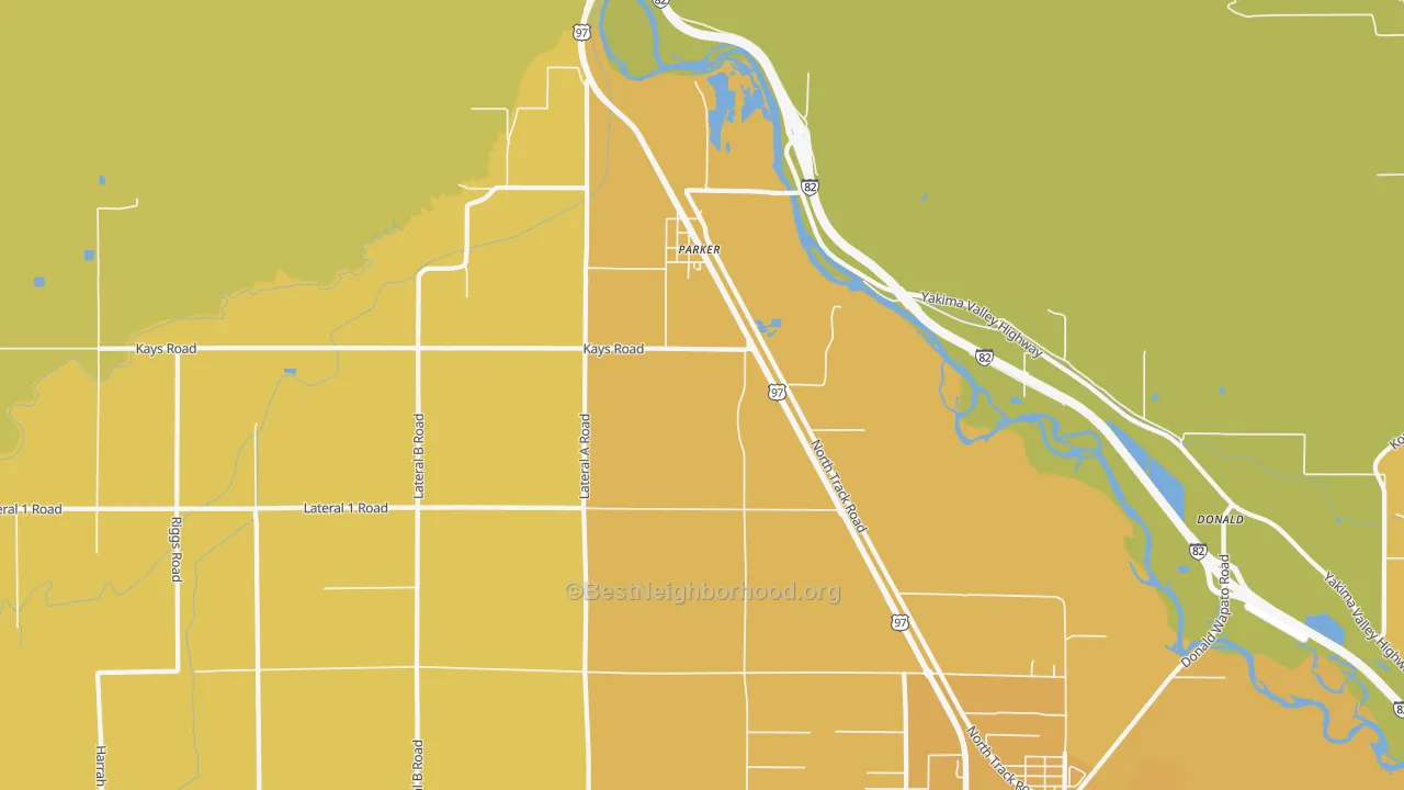 Map of the best neighborhoods in the Parker area, with better matches in green and worse matches in red