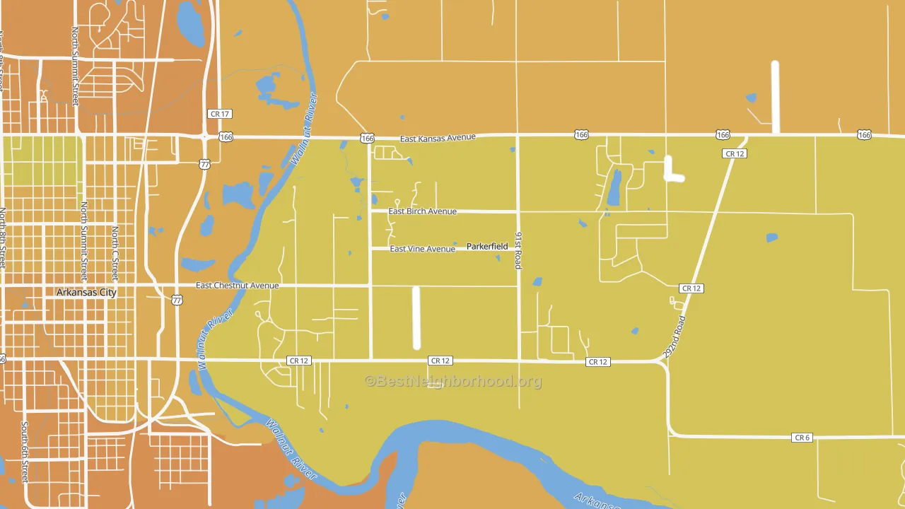 Map of the best neighborhoods in the Parkerfield area, with better matches in green and worse matches in red