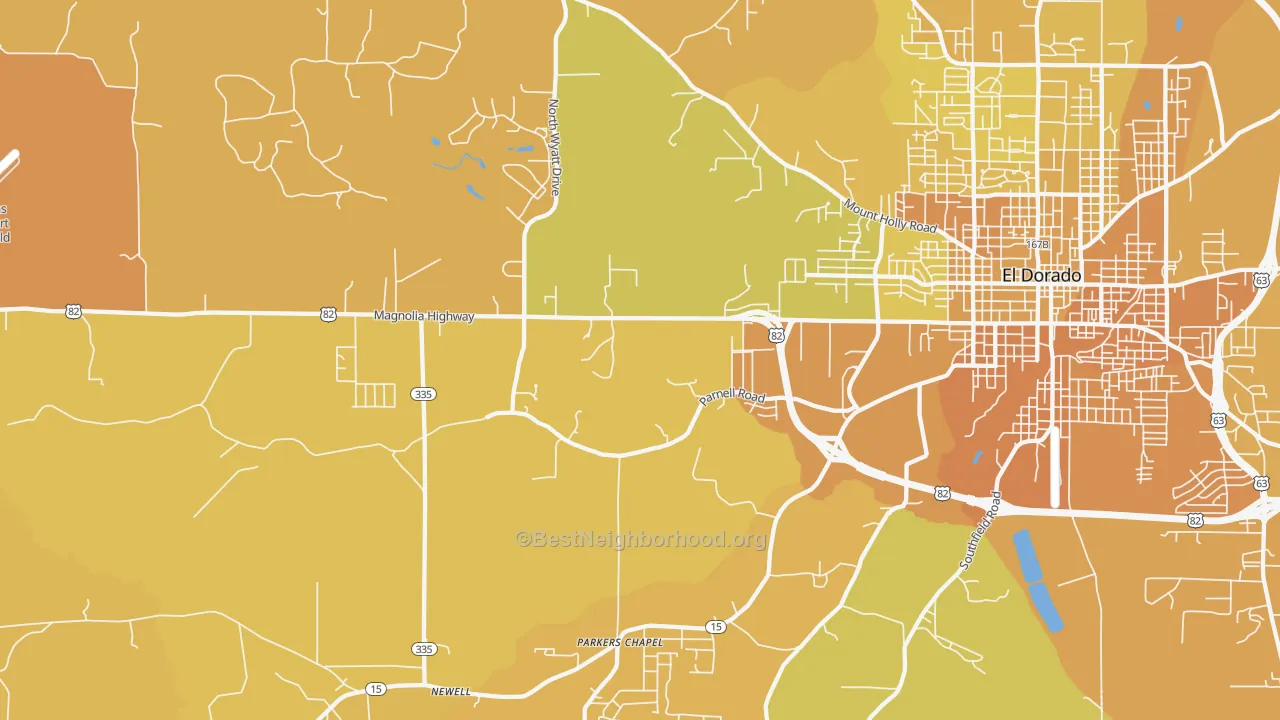 Map of the best neighborhoods in the Parkers Chapel area, with better matches in green and worse matches in red