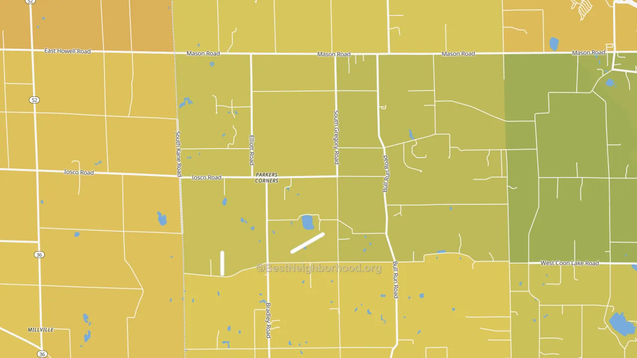 Map of the best neighborhoods in the Parkers Corners area, with better matches in green and worse matches in red
