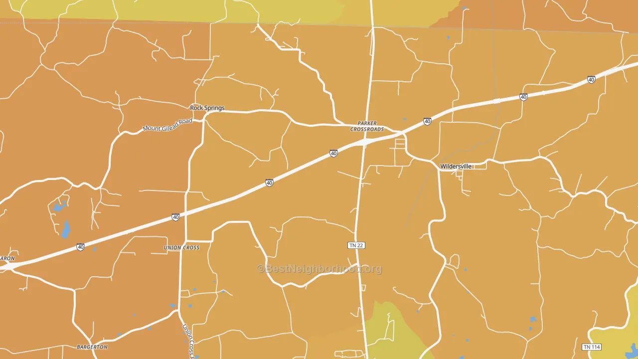 Map of the best neighborhoods in the Parkers Crossroads area, with better matches in green and worse matches in red