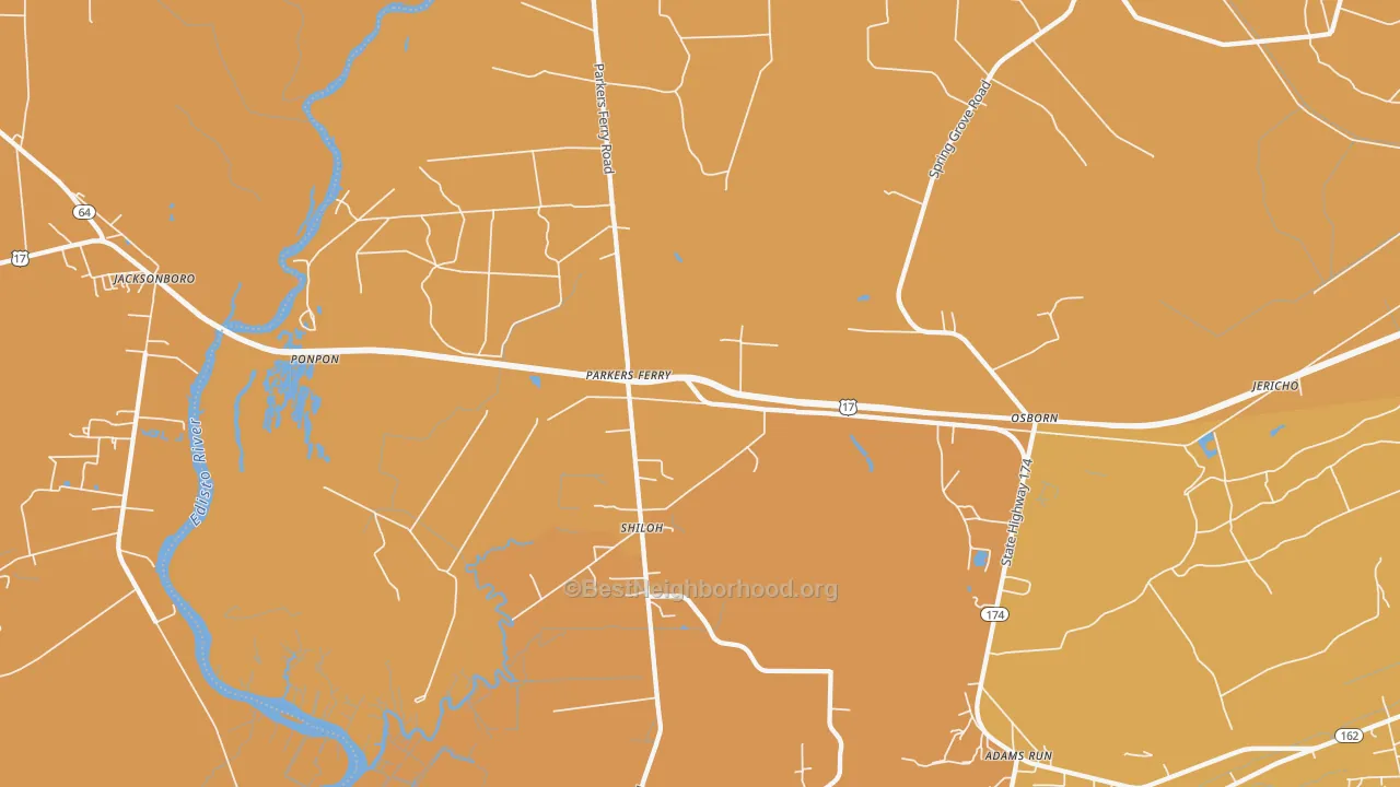 Map of the best neighborhoods in the Parkers Ferry area, with better matches in green and worse matches in red