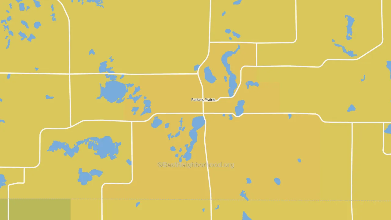 Map of the best neighborhoods in the Parkers Prairie area, with better matches in green and worse matches in red