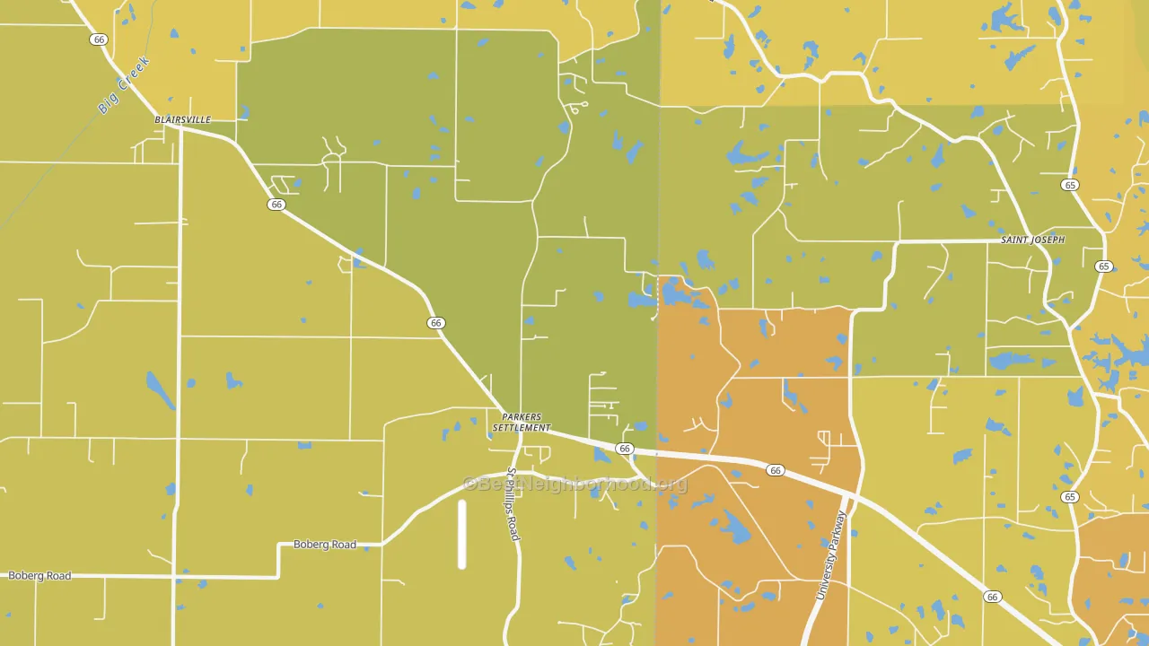 Map of the best neighborhoods in the Parkers Settlement area, with better matches in green and worse matches in red