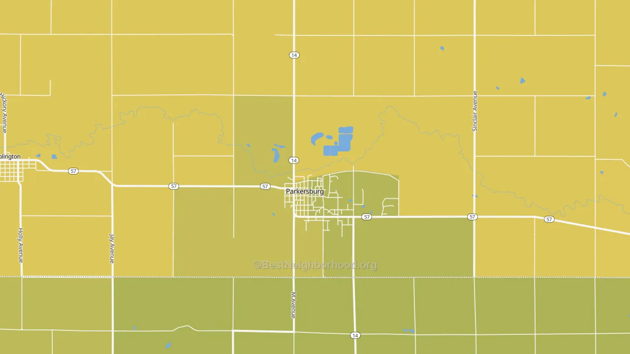 Map of the best neighborhoods in the Parkersburg area, with better matches in green and worse matches in red