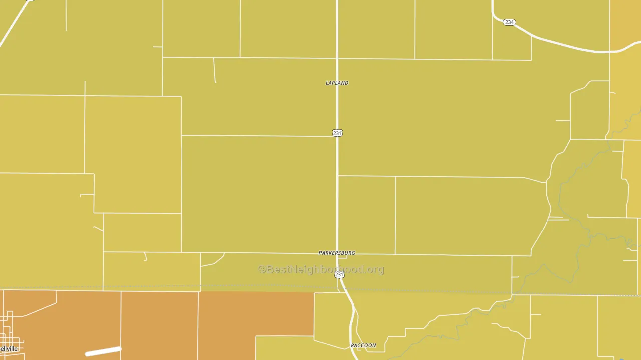 Map of the best neighborhoods in the Parkersburg area, with better matches in green and worse matches in red