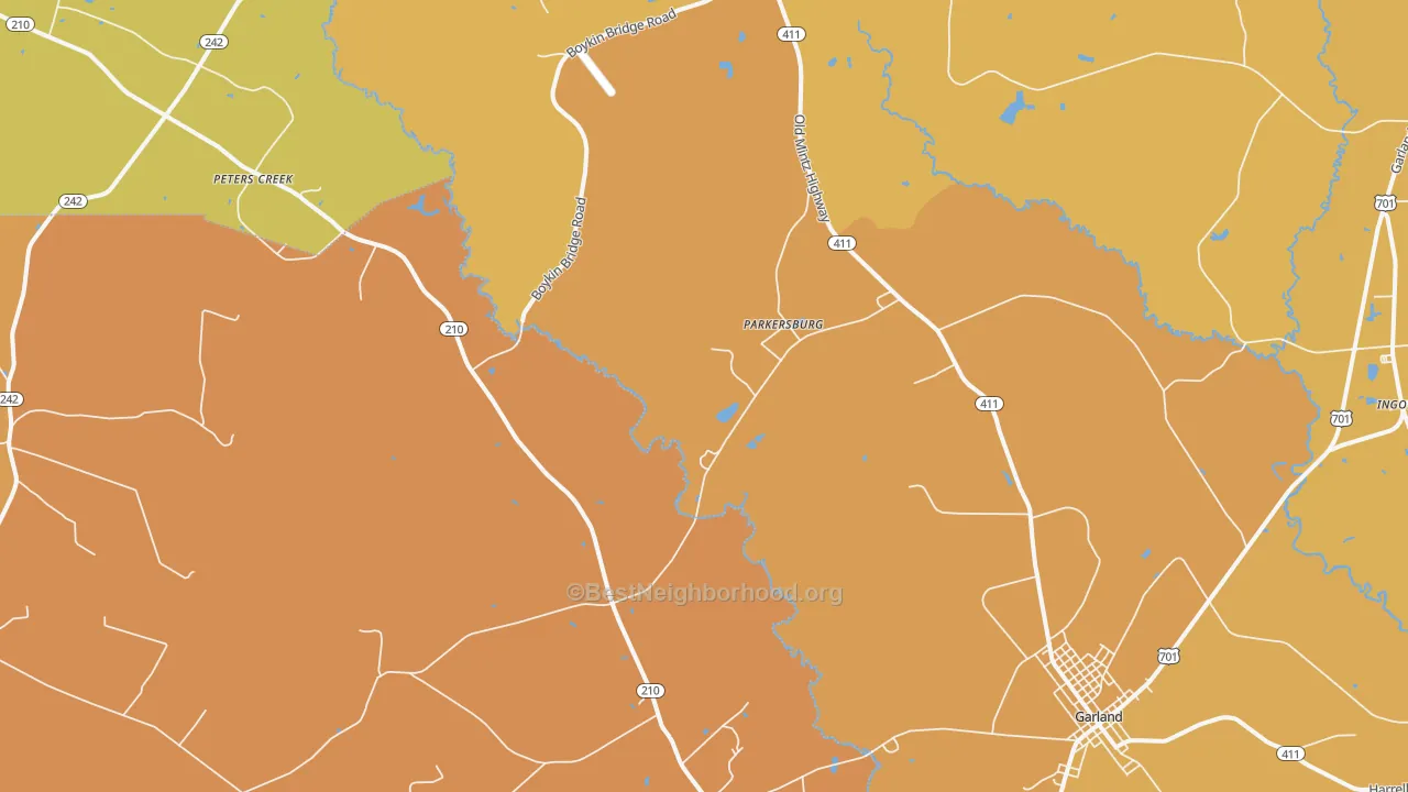 Map of the best neighborhoods in the Parkersburg area, with better matches in green and worse matches in red