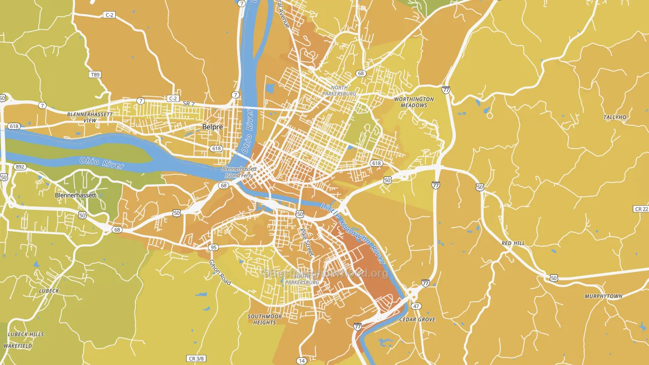 Map of the best neighborhoods in the Parkersburg Metro area, with better matches in green and worse matches in red