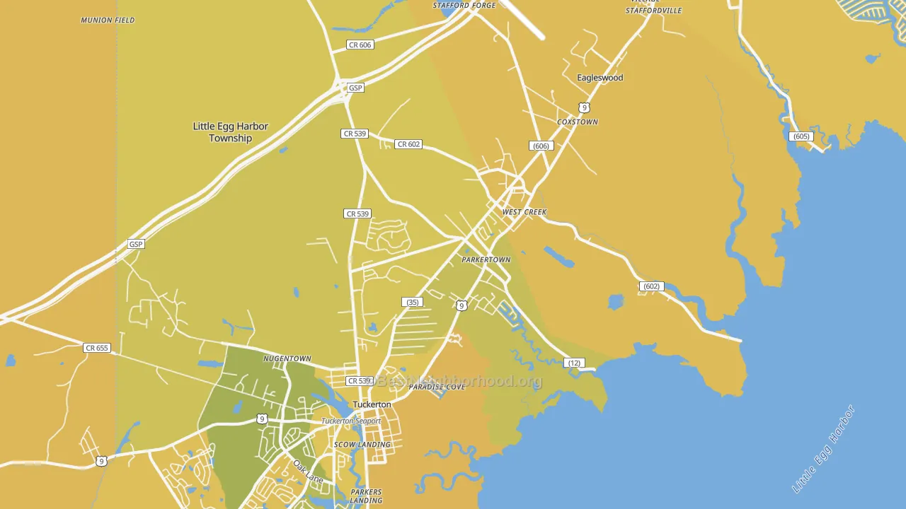 Map of the best neighborhoods in the Parkertown area, with better matches in green and worse matches in red