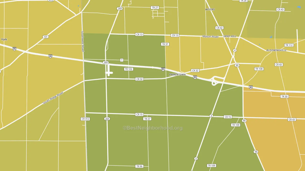Map of the best neighborhoods in the Parkertown area, with better matches in green and worse matches in red