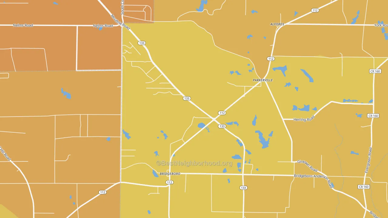 Map of the best neighborhoods in the Parkerville area, with better matches in green and worse matches in red