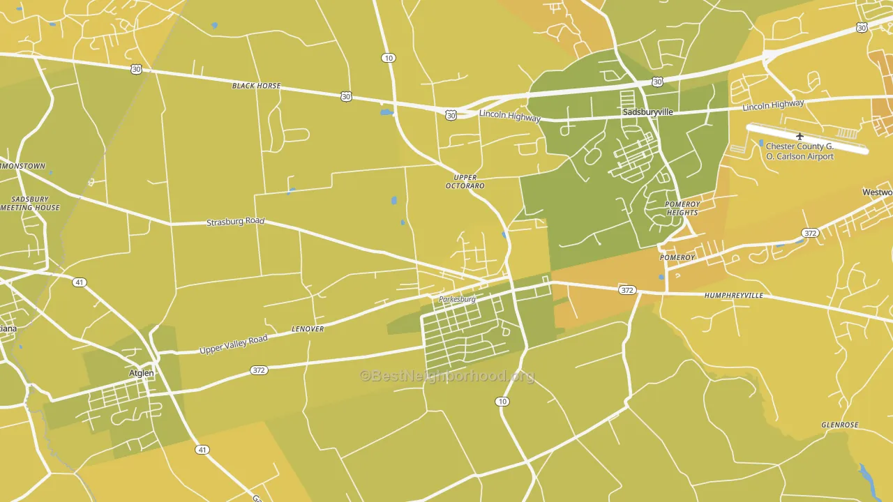 Map of the best neighborhoods in the Parkesburg area, with better matches in green and worse matches in red