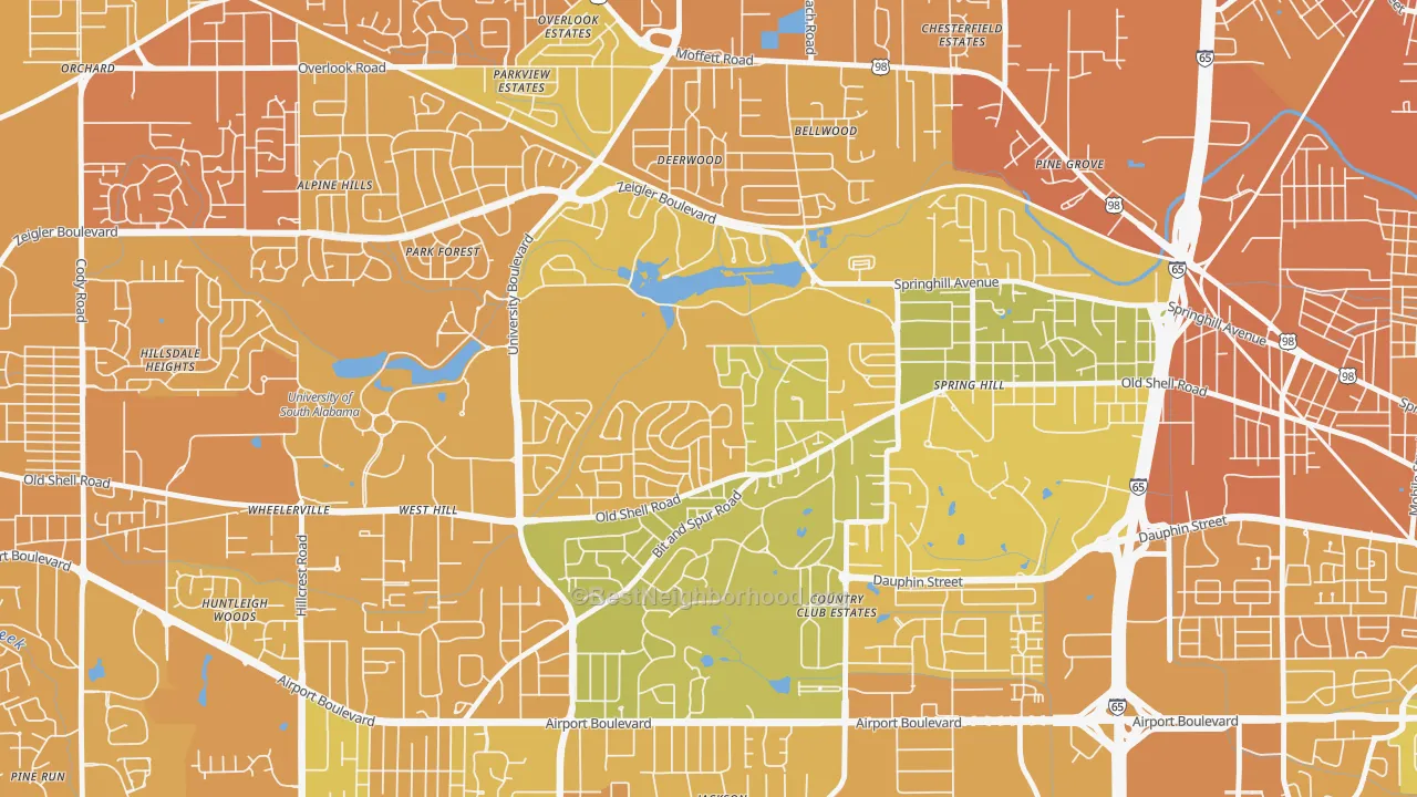 Map of the best neighborhoods in the Parkhill, Mobile area, with better matches in green and worse matches in red