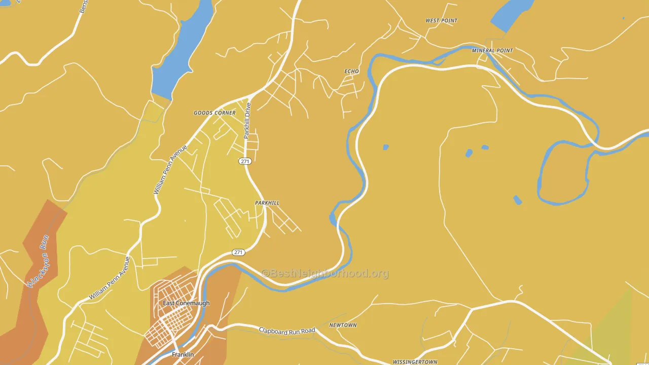Map of the best neighborhoods in the Parkhill area, with better matches in green and worse matches in red