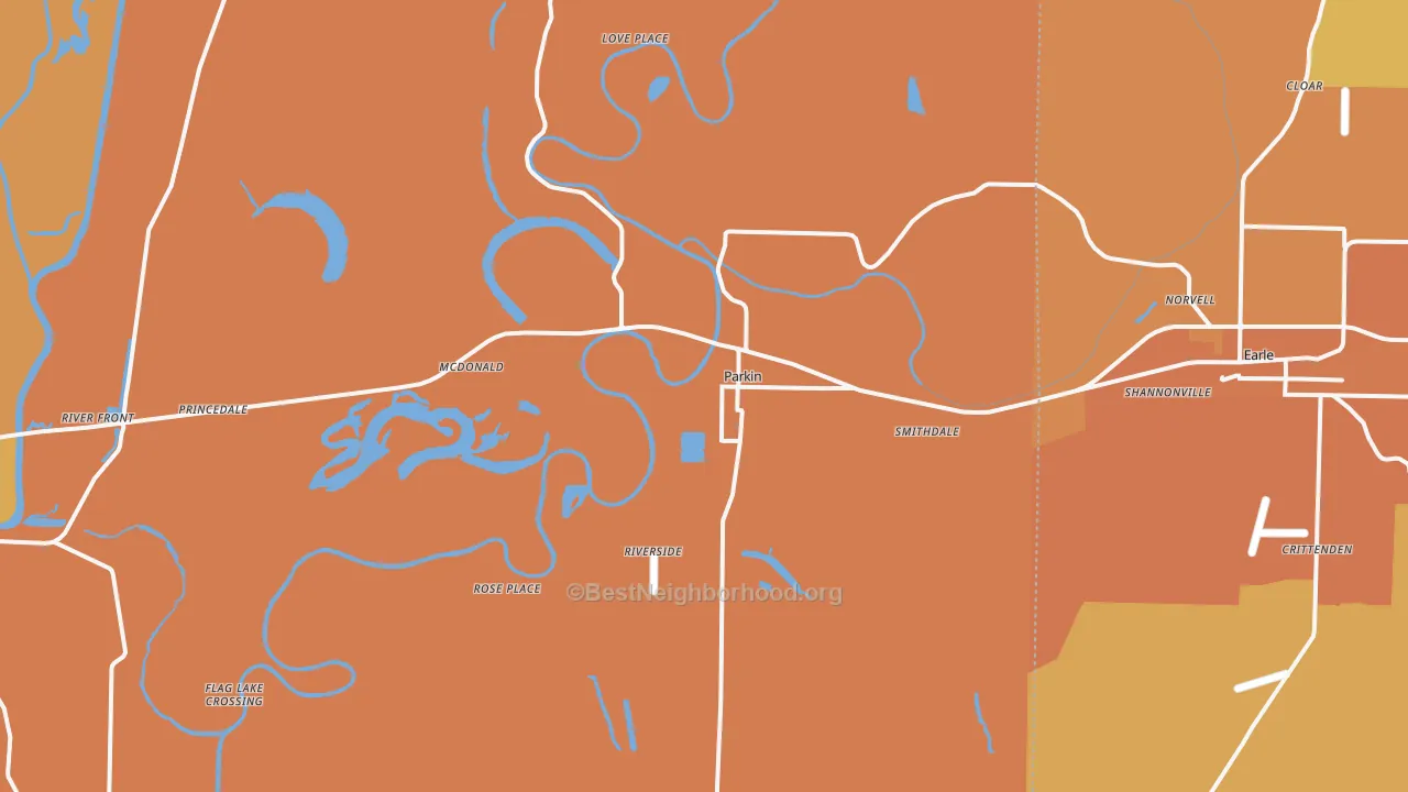 Map of the best neighborhoods in the Parkin area, with better matches in green and worse matches in red