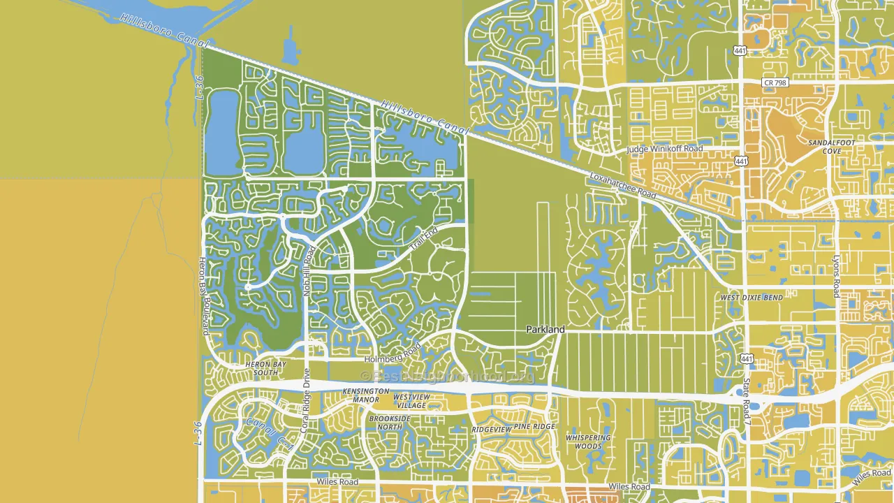 Map of the best neighborhoods in the Parkland area, with better matches in green and worse matches in red