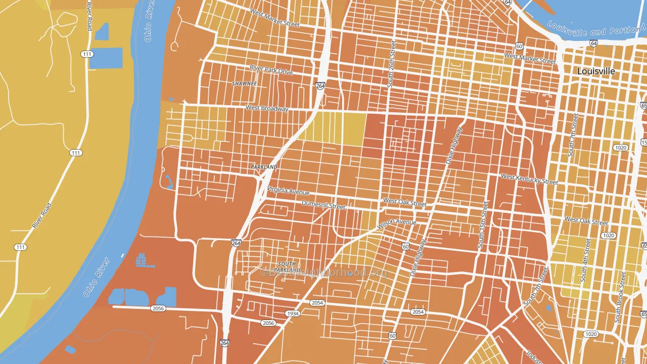Map of the best neighborhoods in the Parkland, Louisville area, with better matches in green and worse matches in red