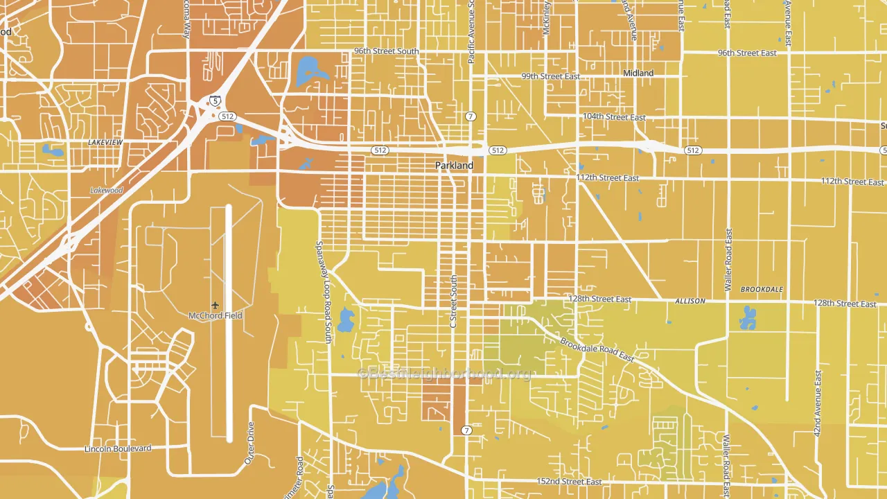 Map of the best neighborhoods in the Parkland area, with better matches in green and worse matches in red