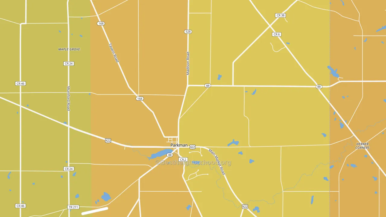 Map of the best neighborhoods in the Parkman area, with better matches in green and worse matches in red
