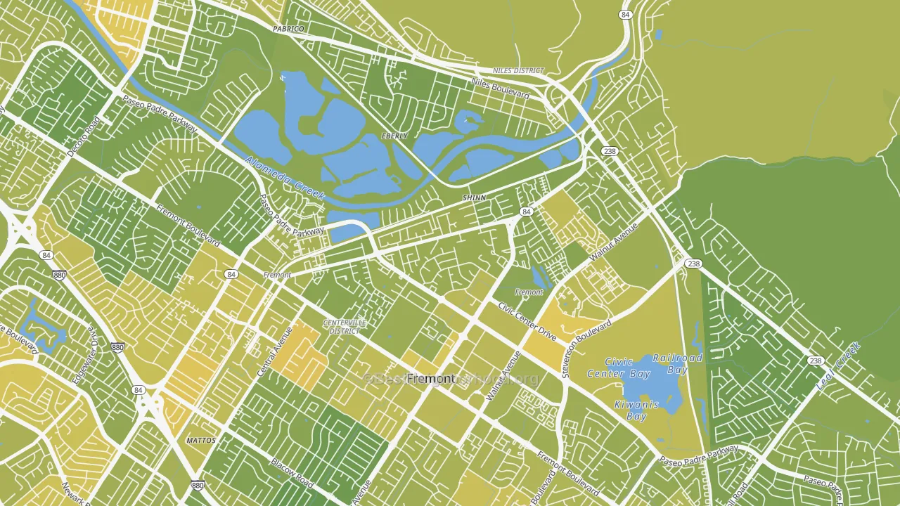 Map of the best neighborhoods in the Parkmont, Fremont area, with better matches in green and worse matches in red