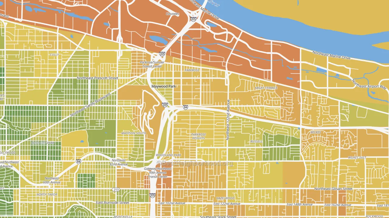 Map of the best neighborhoods in the Parkrose, Portland area, with better matches in green and worse matches in red