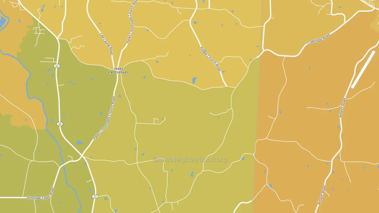 Map of the best neighborhoods in the Parks Crossroads area, with better matches in green and worse matches in red