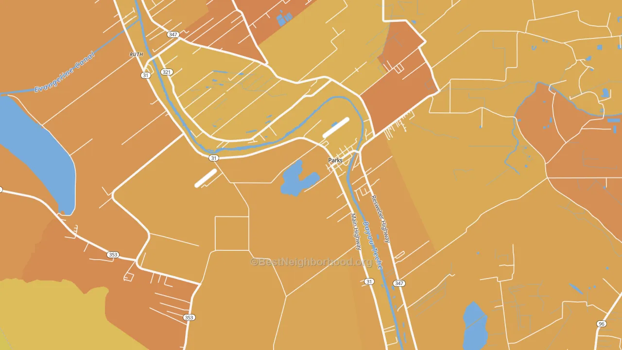 Map of the best neighborhoods in the Parks area, with better matches in green and worse matches in red