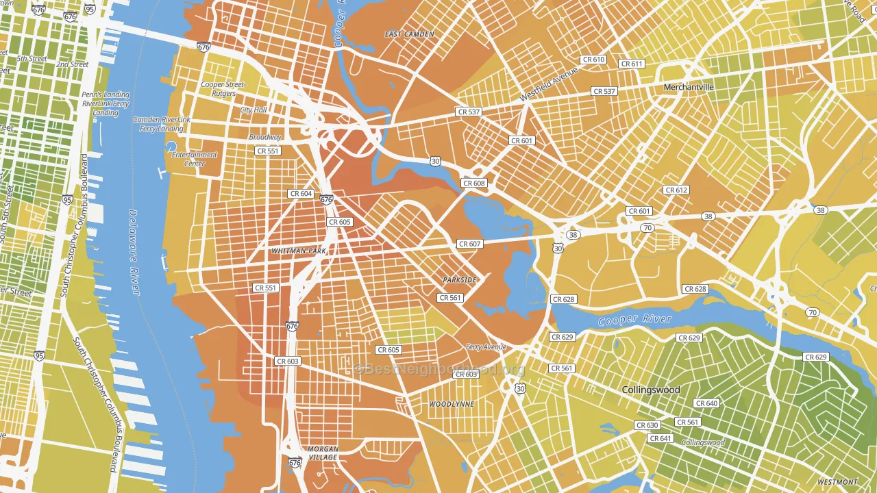 Map of the best neighborhoods in the Parkside, Camden area, with better matches in green and worse matches in red