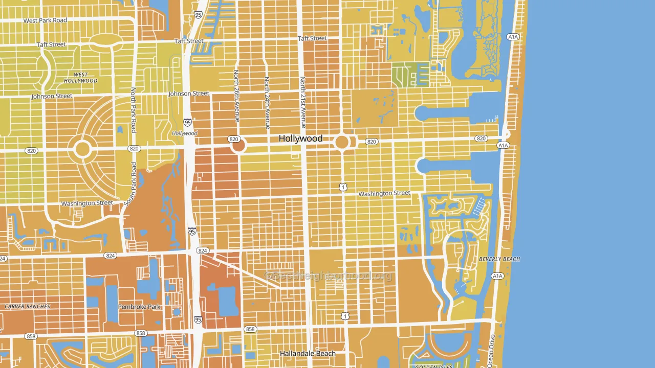 Map of the best neighborhoods in the Parkside, Hollywood area, with better matches in green and worse matches in red