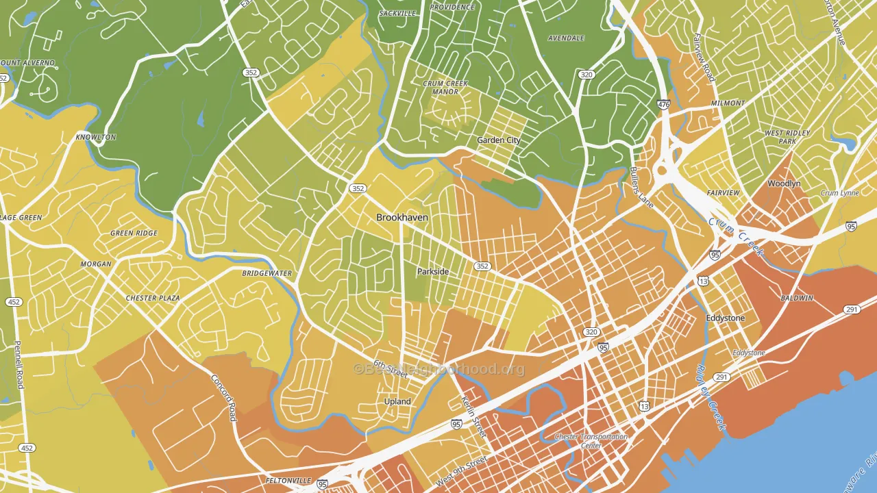 Map of the best neighborhoods in the Parkside area, with better matches in green and worse matches in red