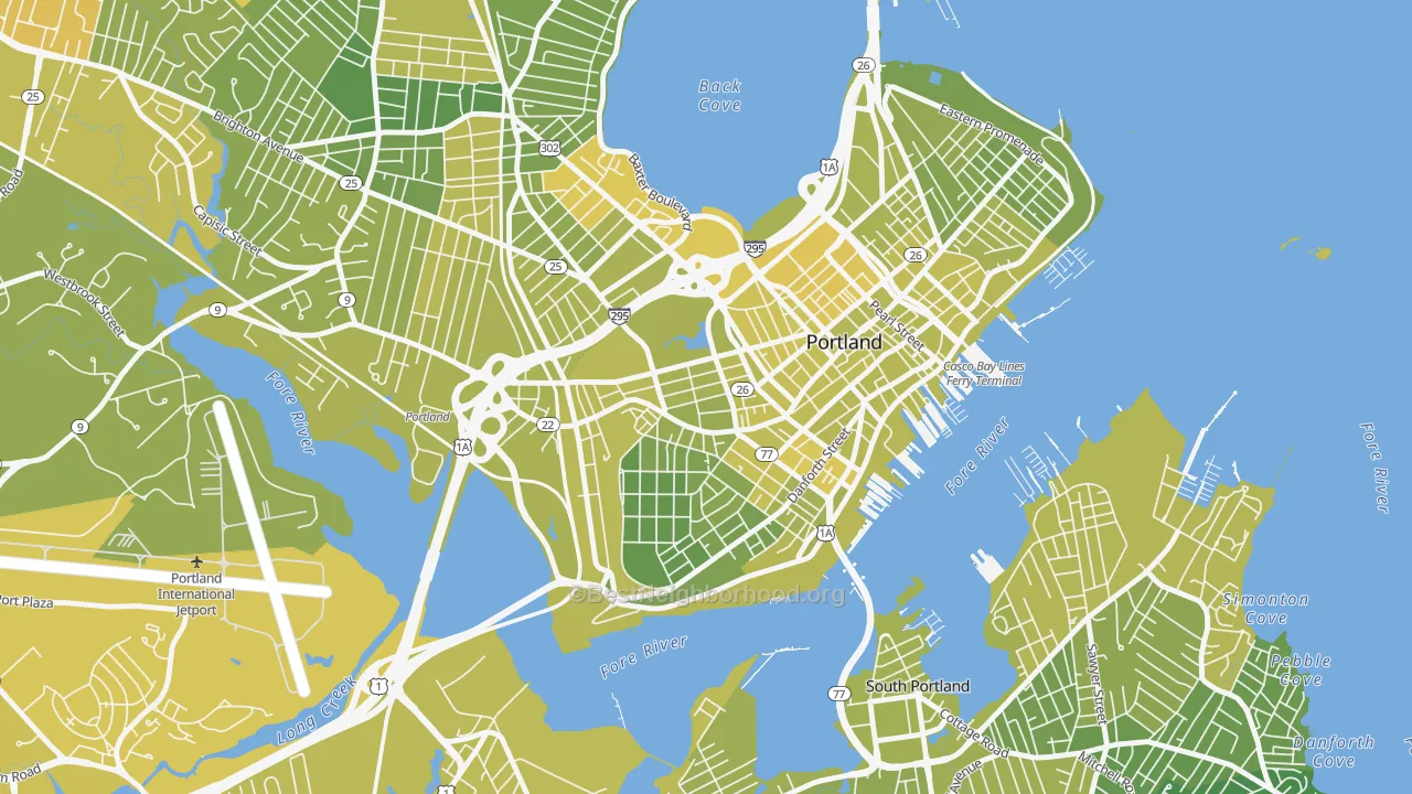 Map of the best neighborhoods in the Parkside, Portland area, with better matches in green and worse matches in red