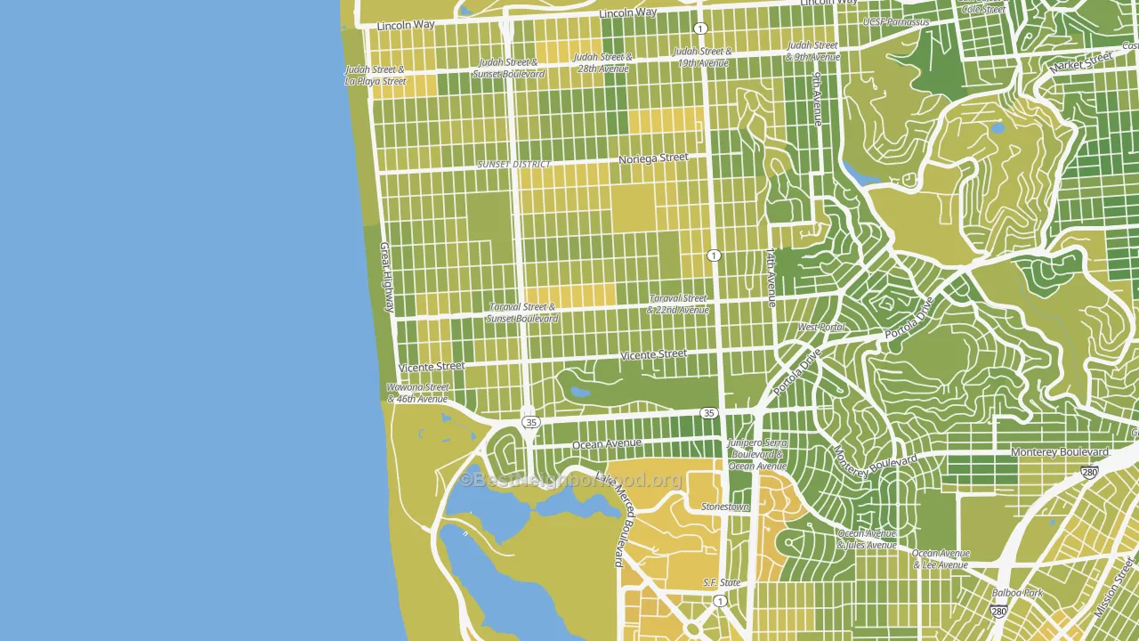 Map of the best neighborhoods in the Parkside, San Francisco area, with better matches in green and worse matches in red