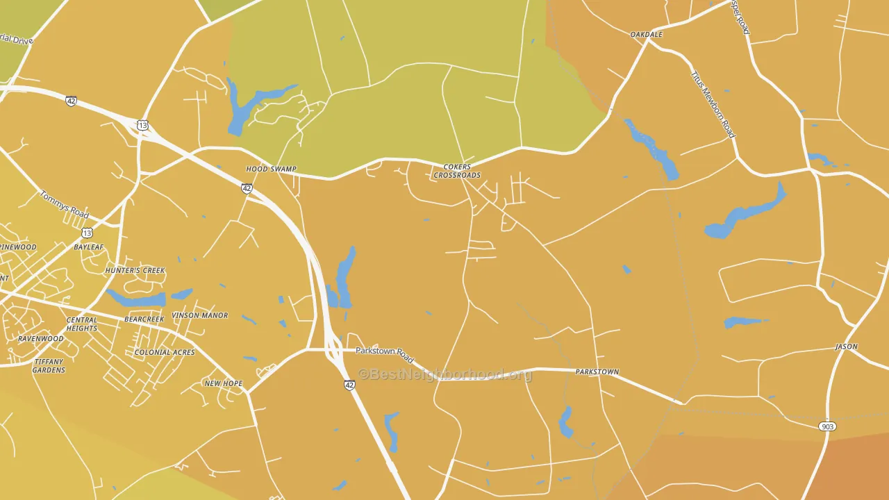 Map of the best neighborhoods in the Parkstown area, with better matches in green and worse matches in red