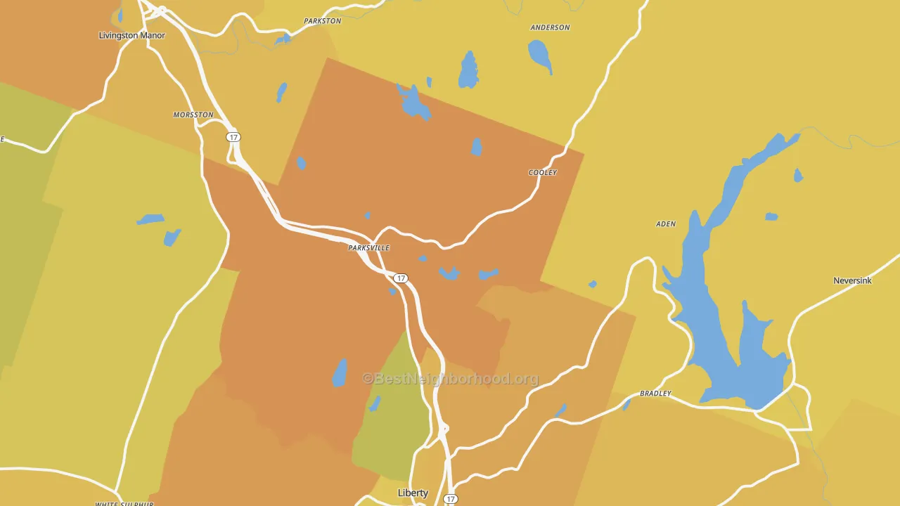 Map of the best neighborhoods in the Parksville area, with better matches in green and worse matches in red