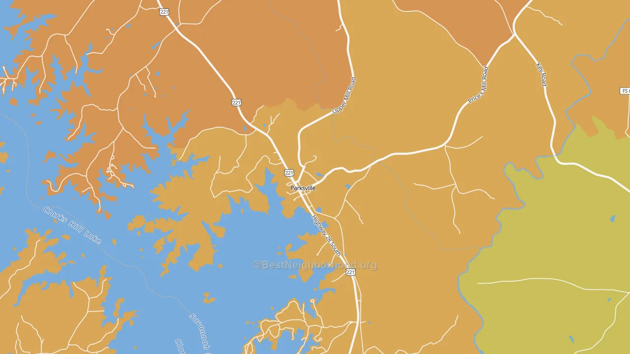 Map of the best neighborhoods in the Parksville area, with better matches in green and worse matches in red