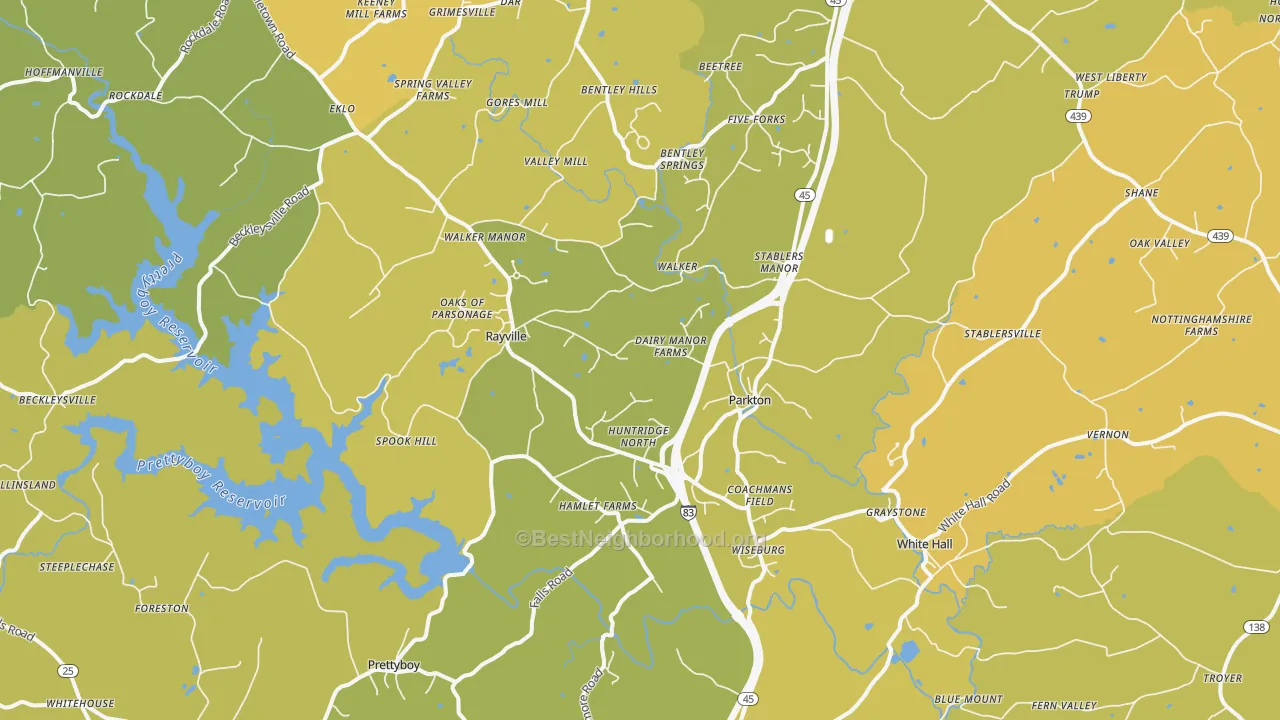 Map of the best neighborhoods in the Parkton area, with better matches in green and worse matches in red