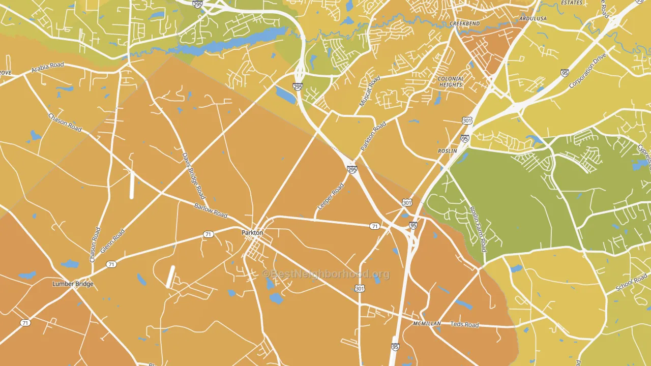 Map of the best neighborhoods in the Parkton area, with better matches in green and worse matches in red