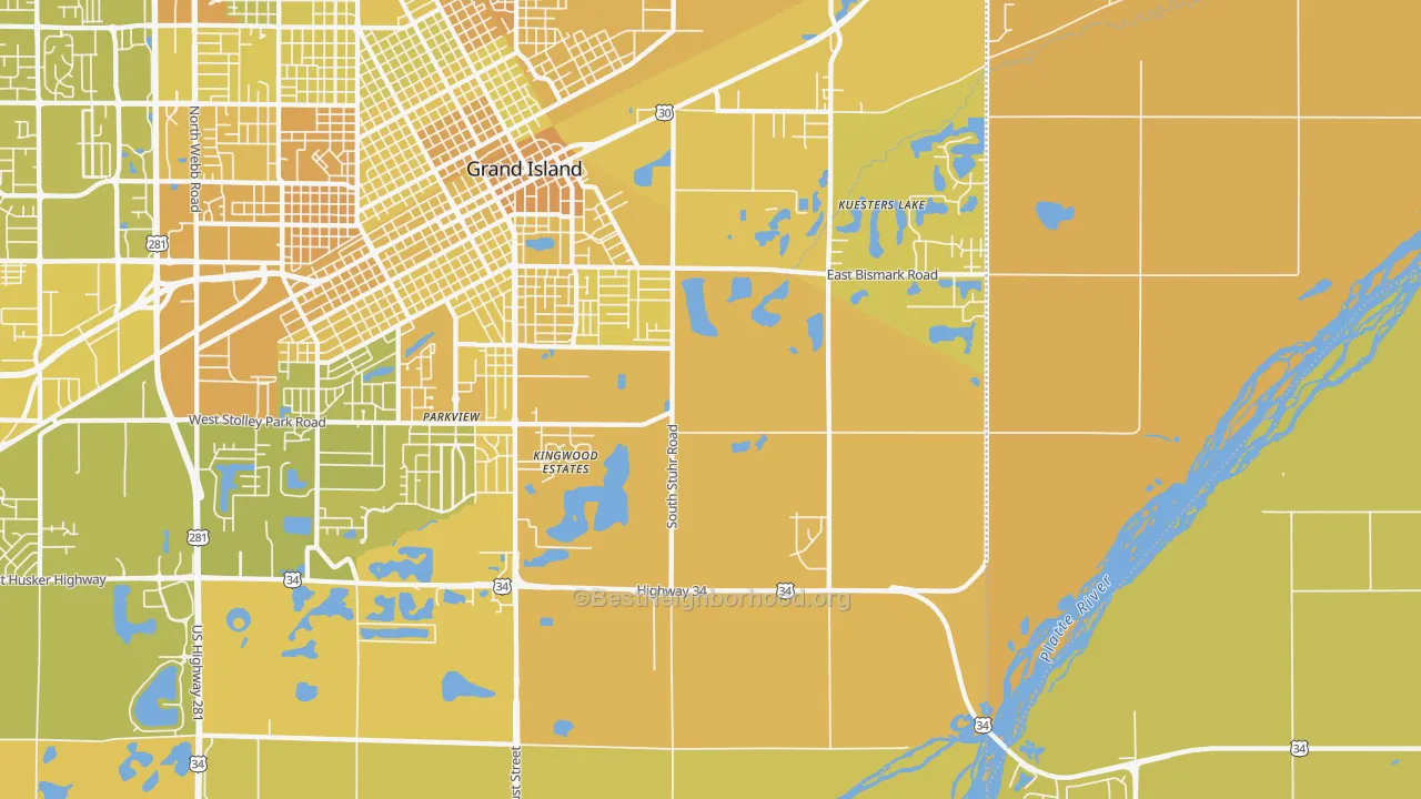Map of the best neighborhoods in the Parkview area, with better matches in green and worse matches in red