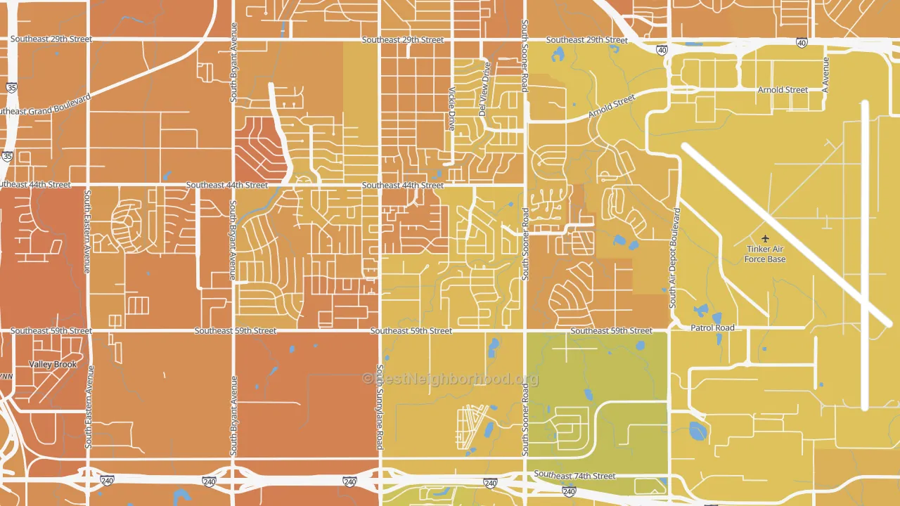 Map of the best neighborhoods in the Parkview, Oklahoma City area, with better matches in green and worse matches in red