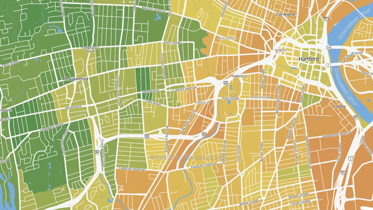 Map of the best neighborhoods in the Parkville, Hartford area, with better matches in green and worse matches in red