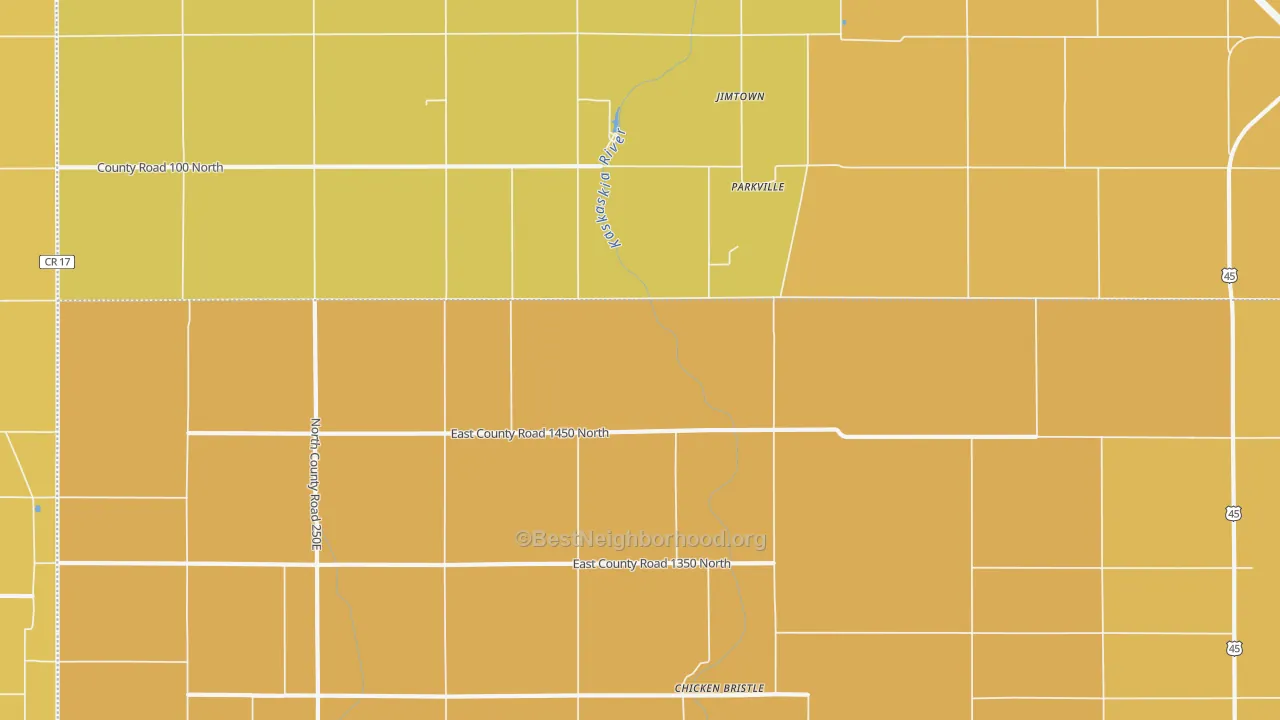 Map of the best neighborhoods in the Parkville area, with better matches in green and worse matches in red