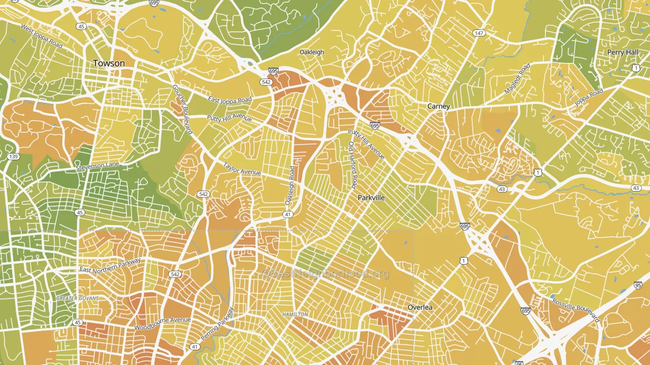 Map of the best neighborhoods in the Parkville area, with better matches in green and worse matches in red