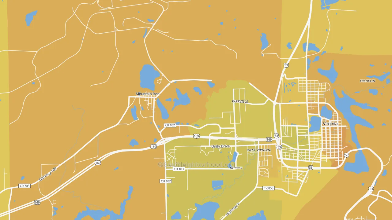 Map of the best neighborhoods in the Parkville area, with better matches in green and worse matches in red