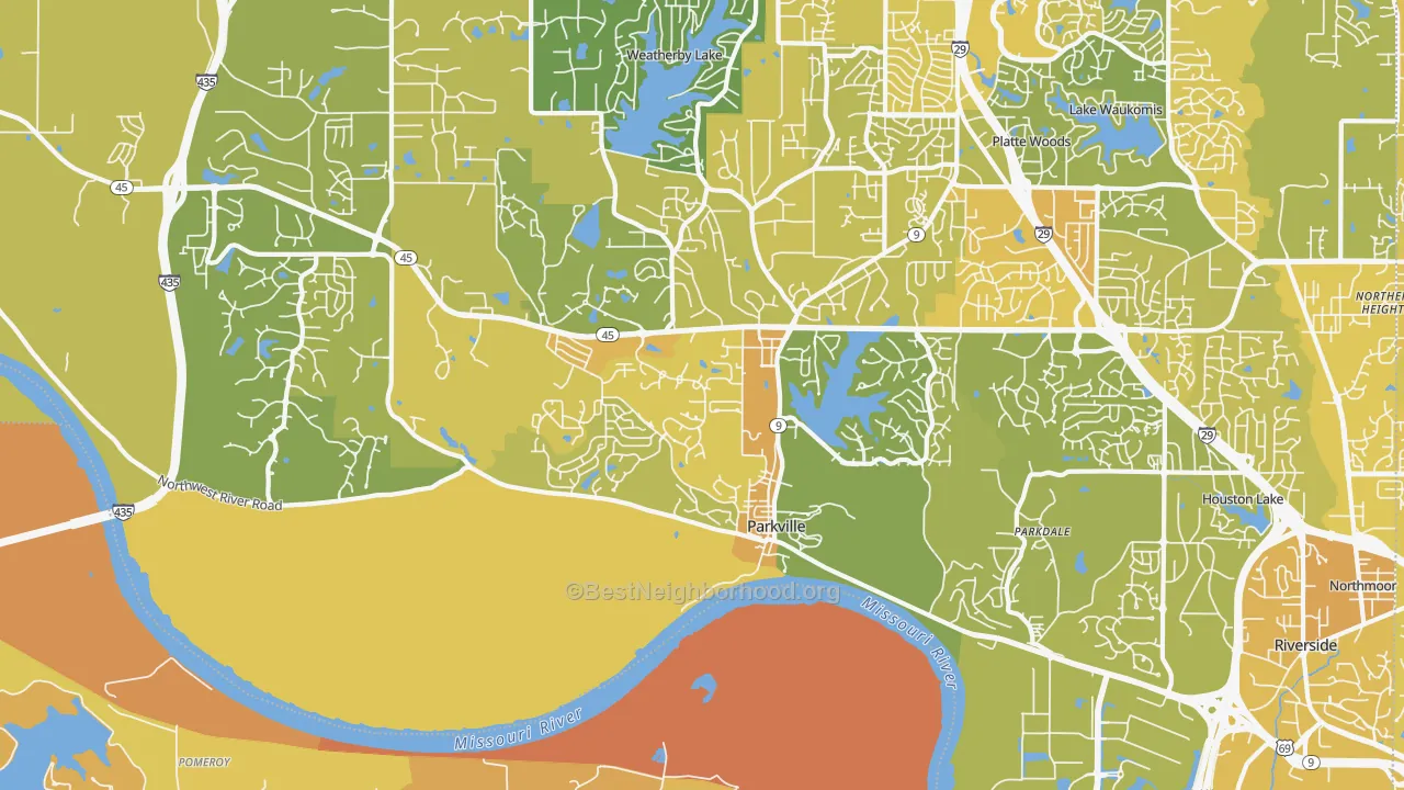 Map of the best neighborhoods in the Parkville area, with better matches in green and worse matches in red