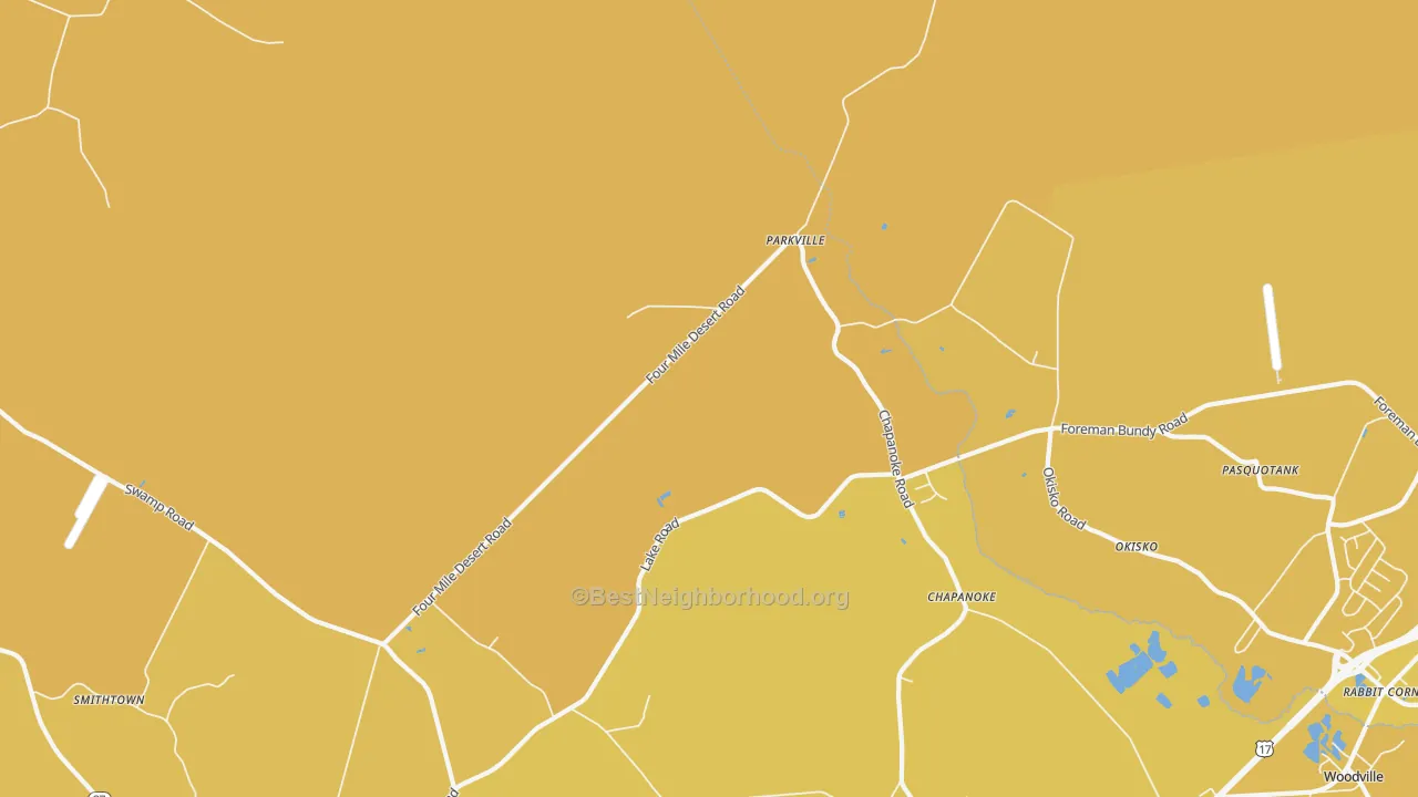 Map of the best neighborhoods in the Parkville area, with better matches in green and worse matches in red