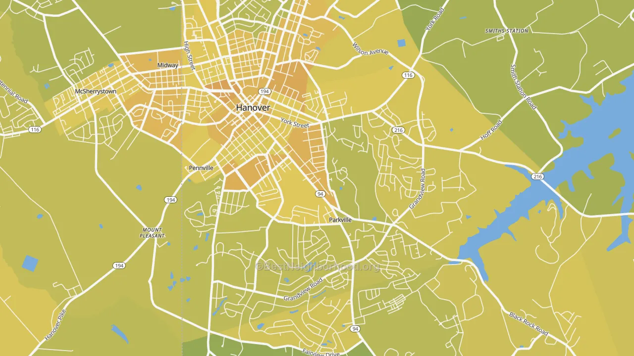 Map of the best neighborhoods in the Parkville area, with better matches in green and worse matches in red
