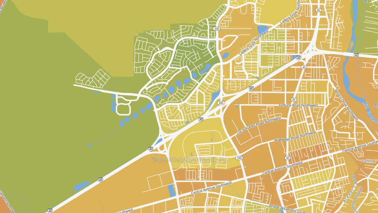 Map of the best neighborhoods in the Parkway, Albuquerque area, with better matches in green and worse matches in red