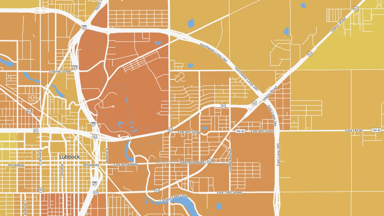 Map of the best neighborhoods in the Parkway and Cherry Point, Lubbock area, with better matches in green and worse matches in red