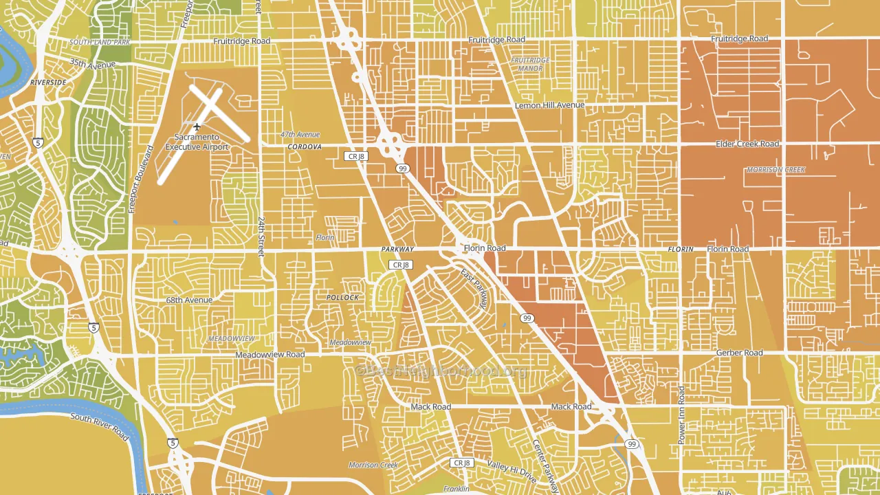 Map of the best neighborhoods in the Parkway area, with better matches in green and worse matches in red